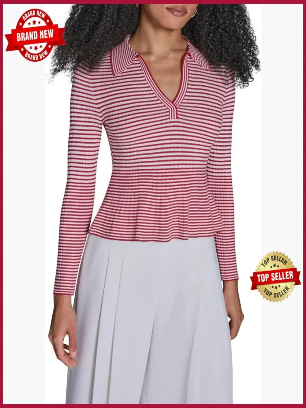 Long Sleeve Striped Peplum Top, V-Neck, Fitted, Easy Care
